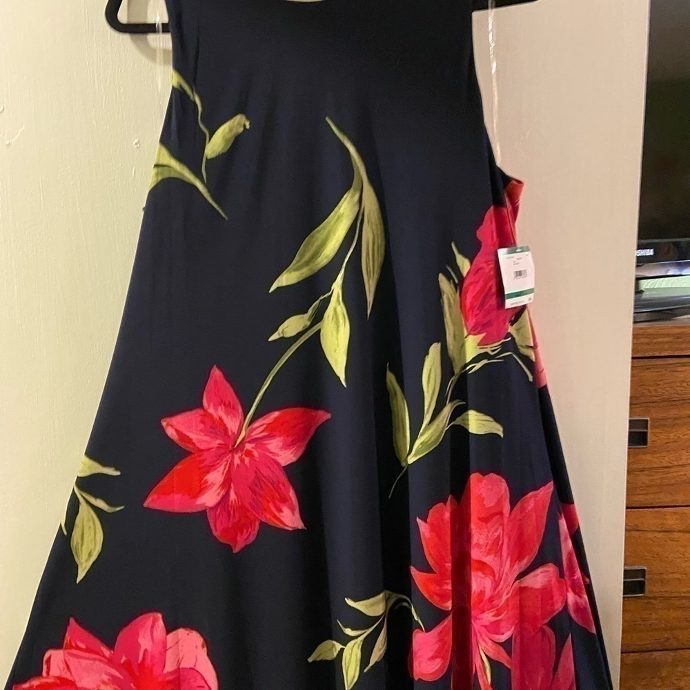 Blossom Buddy Red and Navy Blue Floral Print Anne Klein Dress - Picture 3 of 9